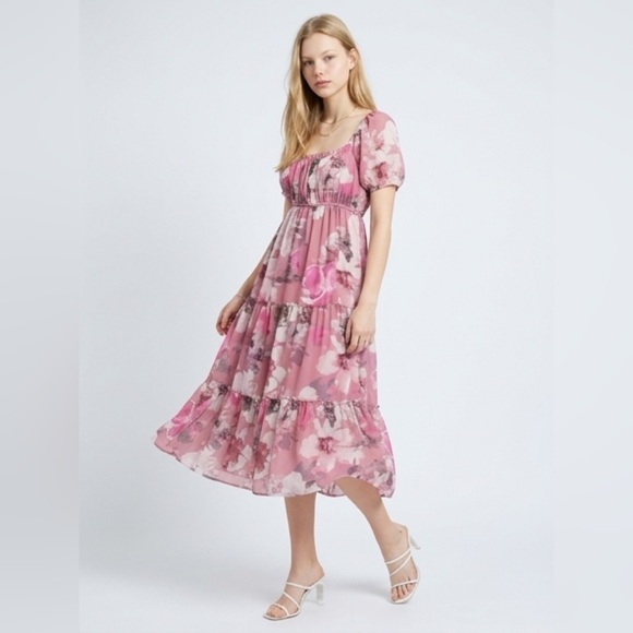 The Unbranded Brand Dresses & Skirts - WOMEN'S SHORT SLEEVE SQUARE NECK ELASTIC WAIST FLORAL PRINT MIDI DRESS